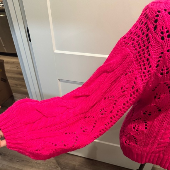 Kori America hot Pink Cable Knit Sweater balloon sleeves crew neck - Picture 4 of 9